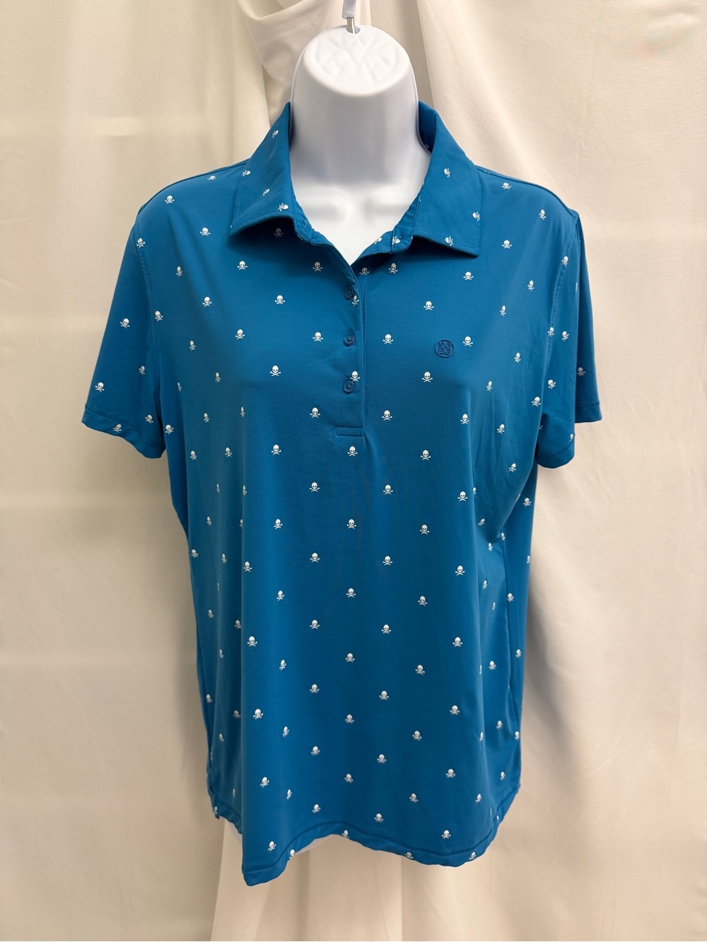 G/FORE Blue Skull Print Tech Jersey Golf Polo Shirt Top Women's L